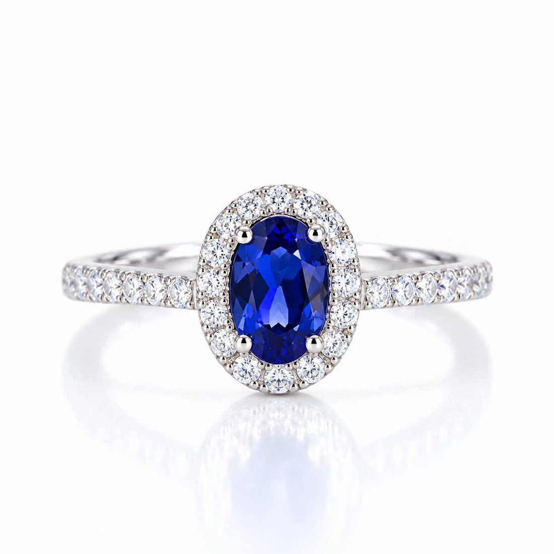 Halo setting oval cut  lab grown sapphire engagement ring