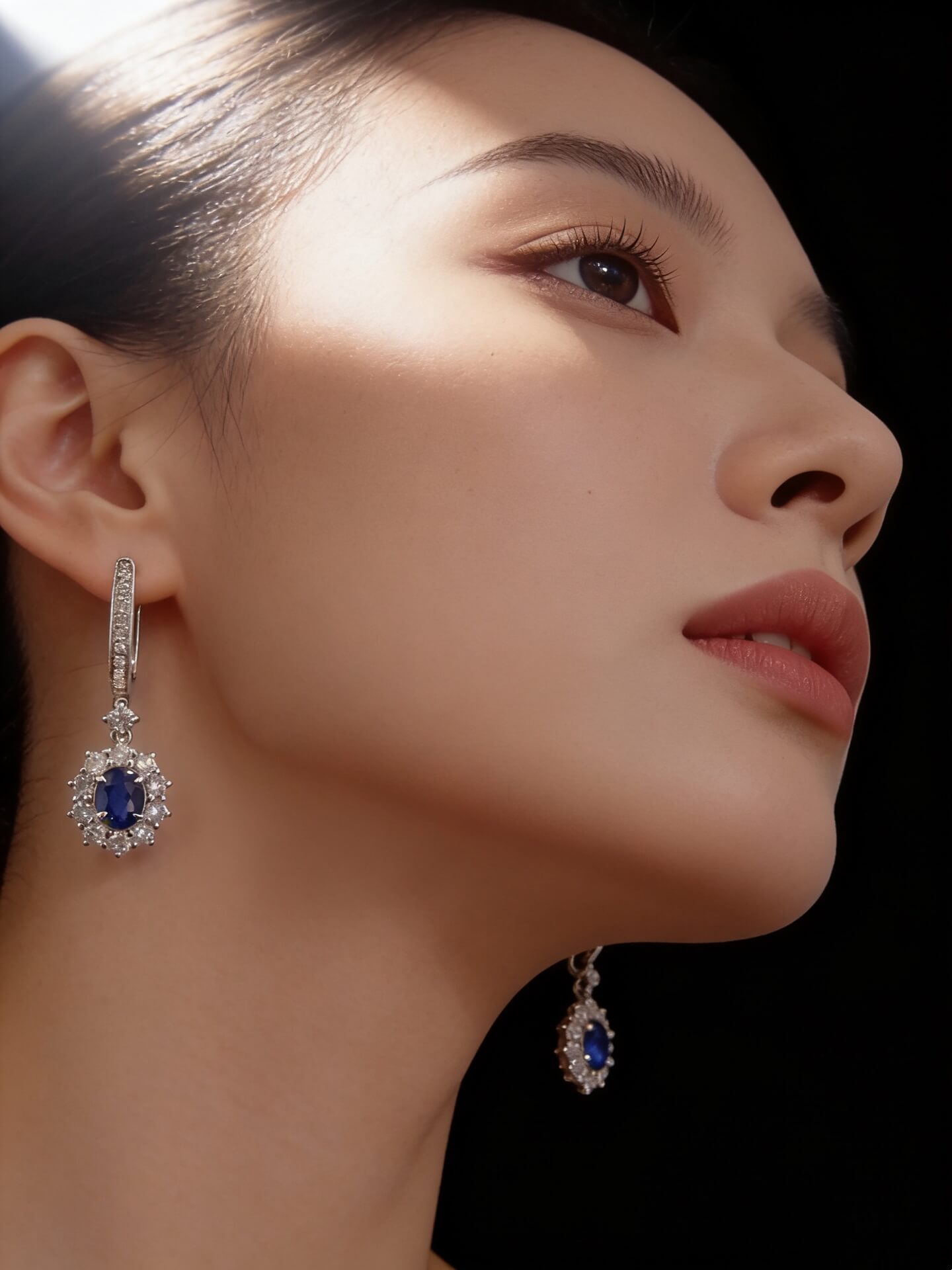Halo setting oval cut lab grown sapphire hoop earrings