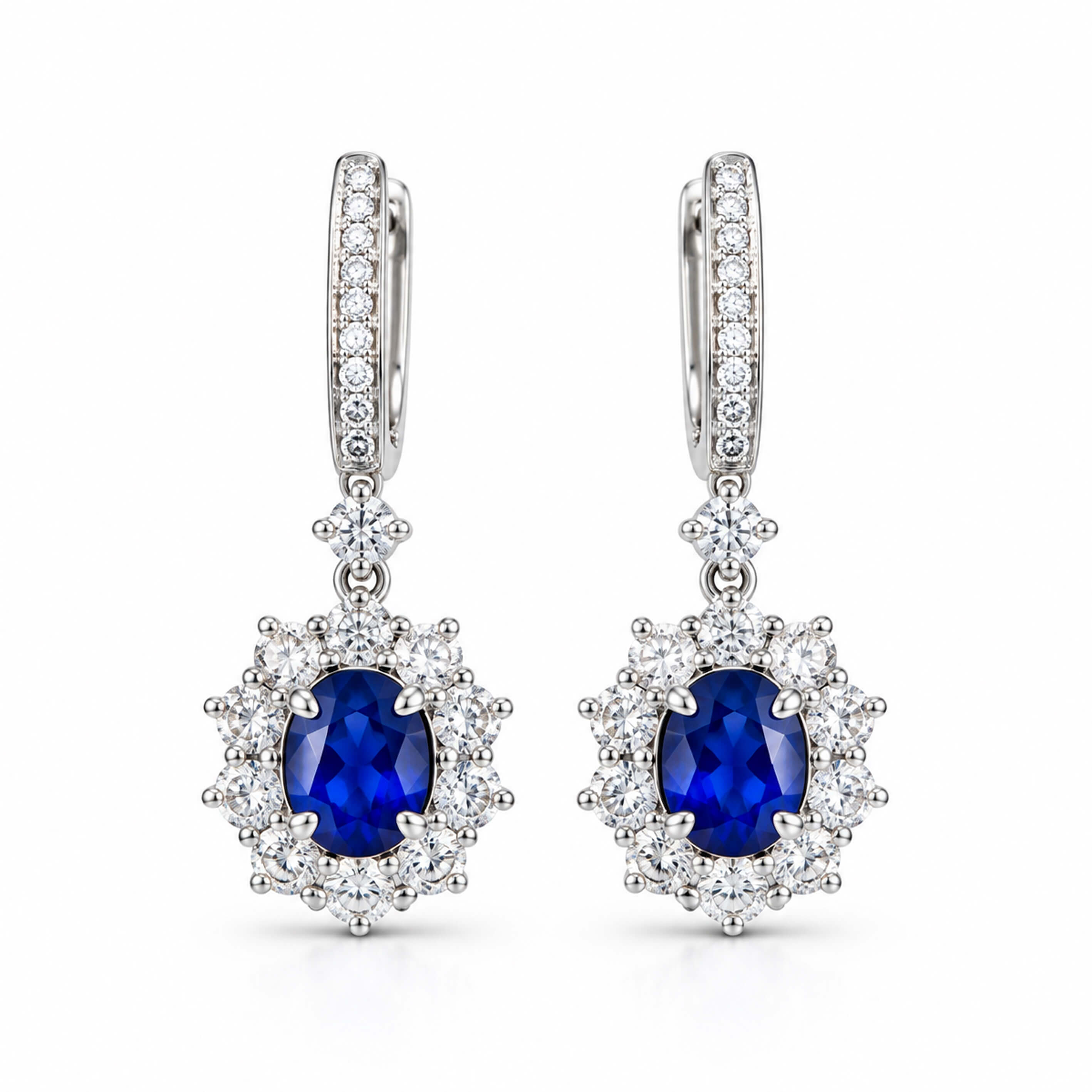 Halo setting oval cut lab grown sapphire hoop earrings