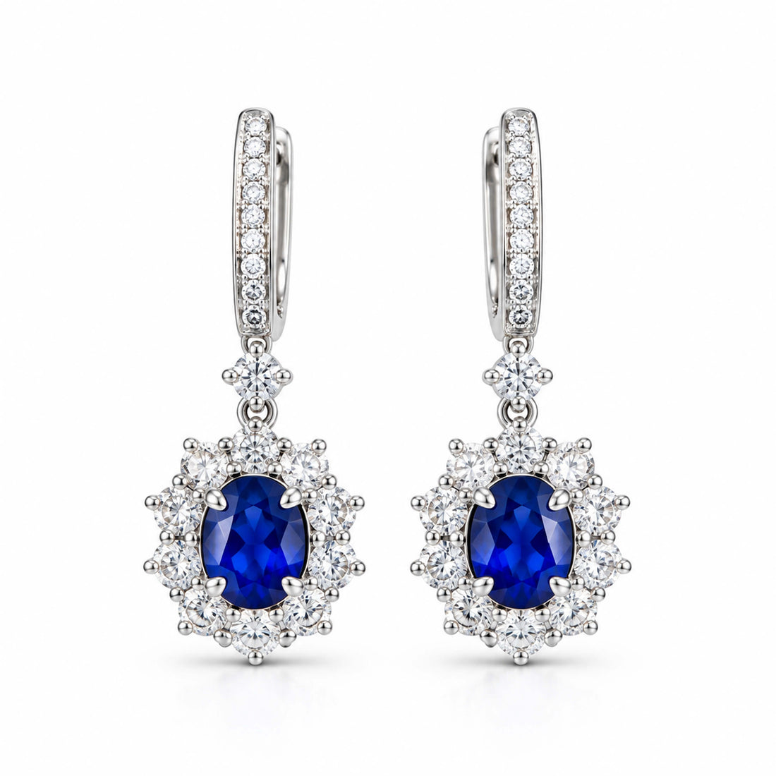 Halo setting oval cut lab grown sapphire hoop earrings