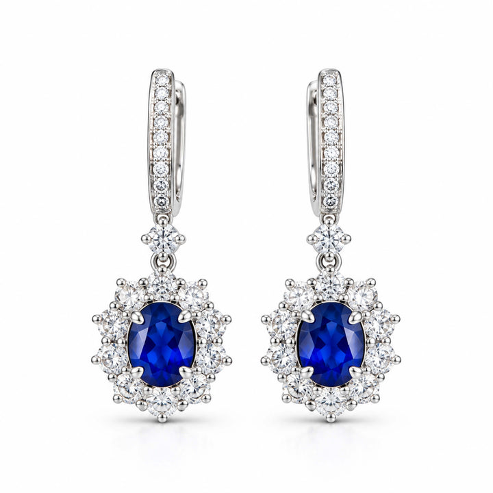 Halo setting oval cut lab grown sapphire hoop earrings