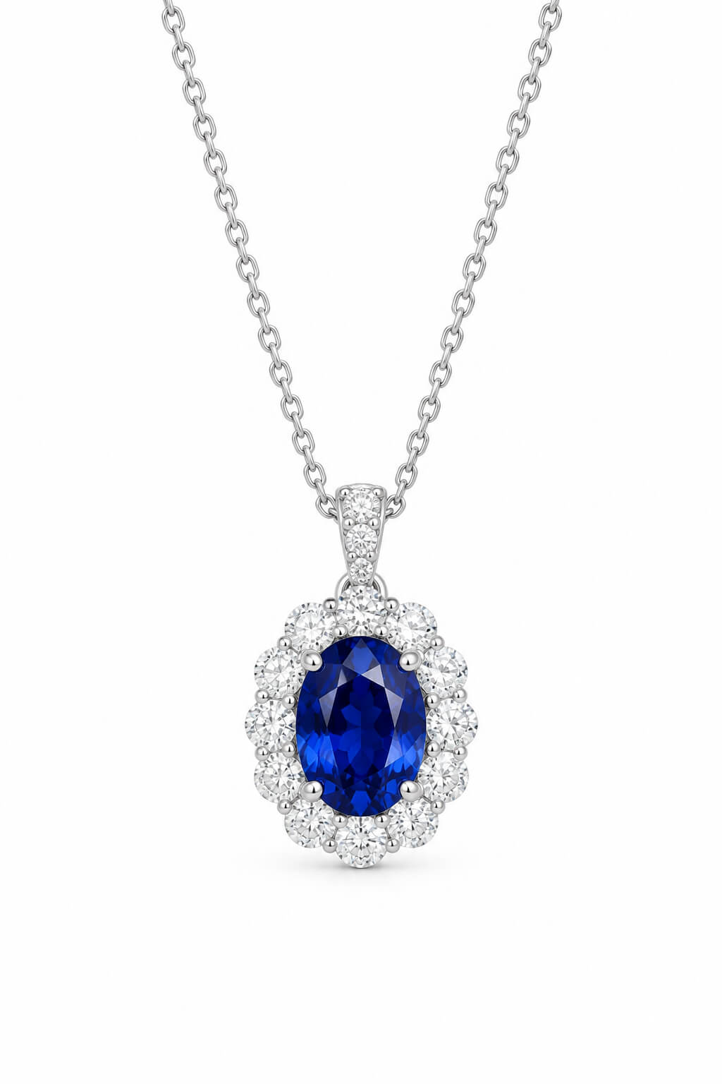 Halo setting oval cut lab grown sapphire pendant necklace