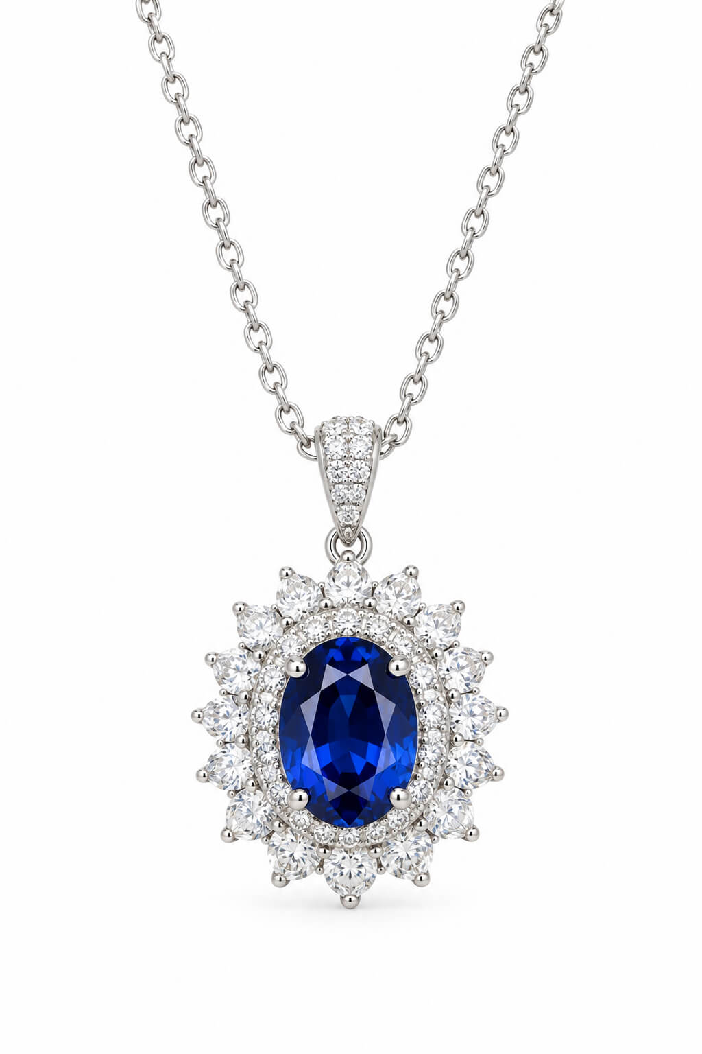Halo setting oval cut lab grown sapphire pendant necklace