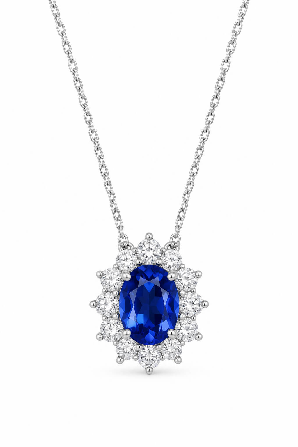 Halo setting oval cut lab grown sapphire pendant necklace