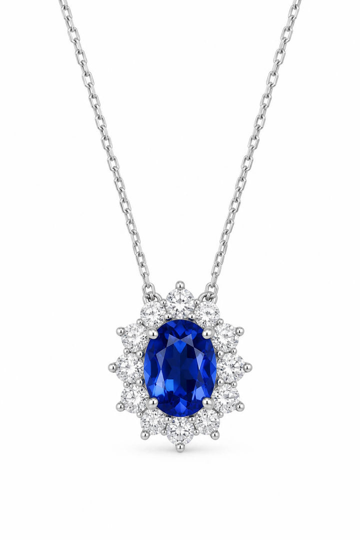 Halo setting oval cut lab grown sapphire pendant necklace
