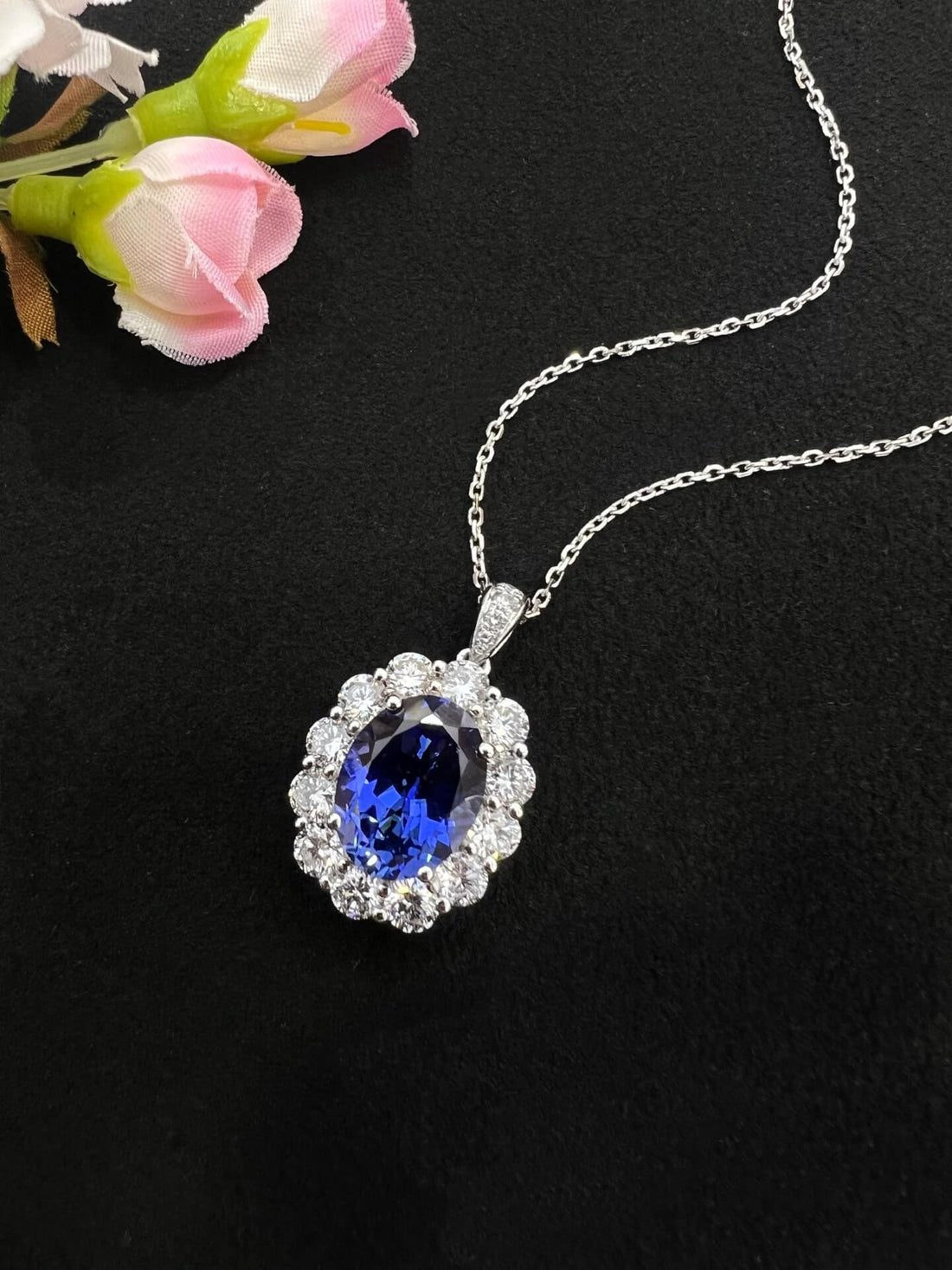 Halo setting oval cut lab grown sapphire pendant necklace