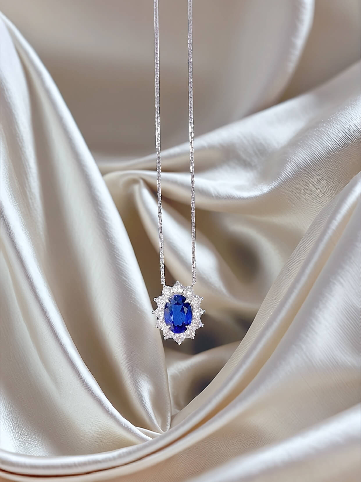 Halo setting oval cut lab grown sapphire pendant necklace