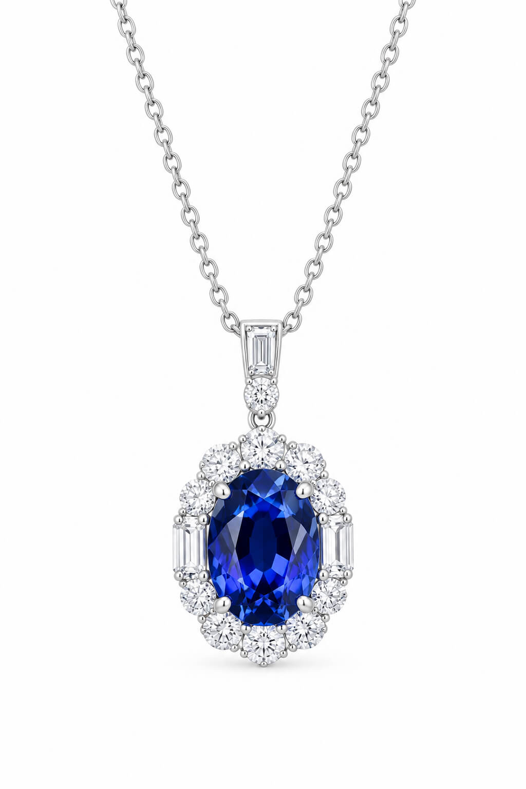 Halo setting oval cut lab grown sapphire pendant necklace