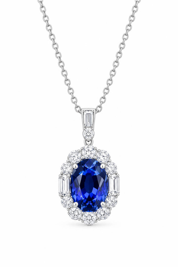 Halo setting oval cut lab grown sapphire pendant necklace