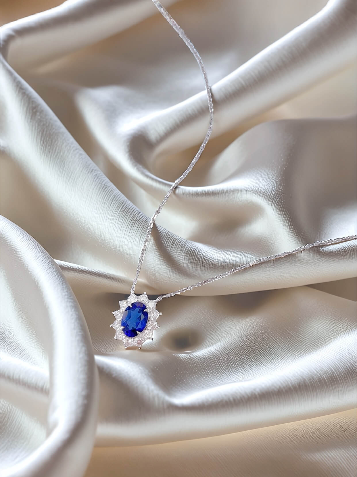 Halo setting oval cut lab grown sapphire pendant necklace