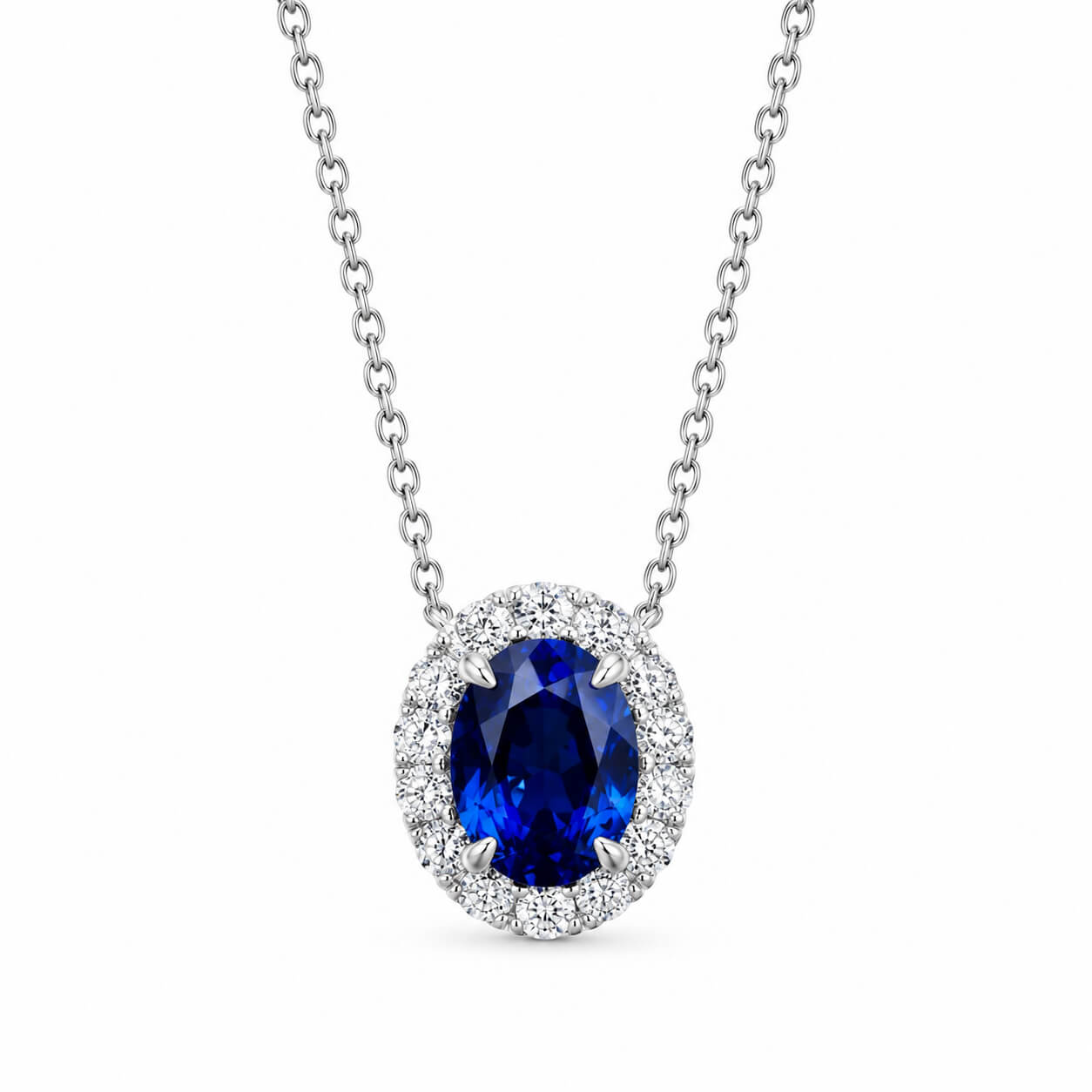 Halo setting oval cut lab grown sapphire pendant necklace