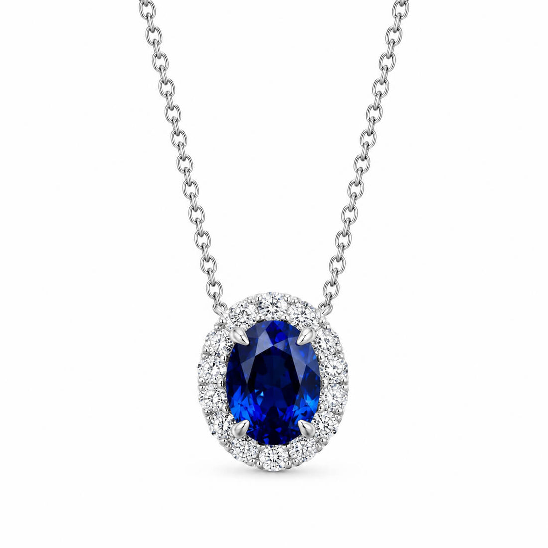 Halo setting oval cut lab grown sapphire pendant necklace