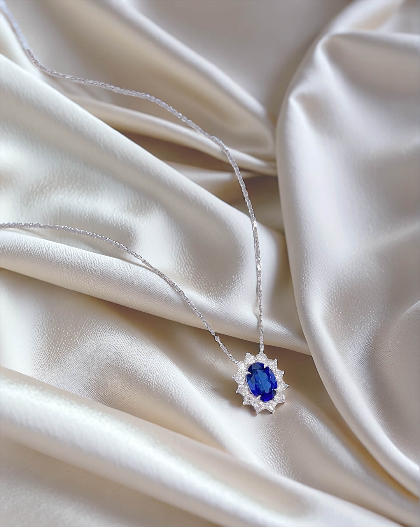 Halo setting oval cut lab grown sapphire pendant necklace