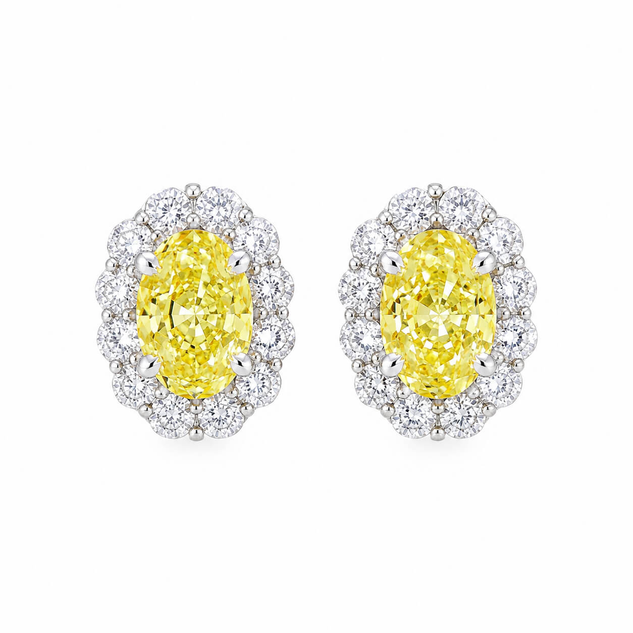 Halo setting oval cut lab grown yellow diamond earrings stud