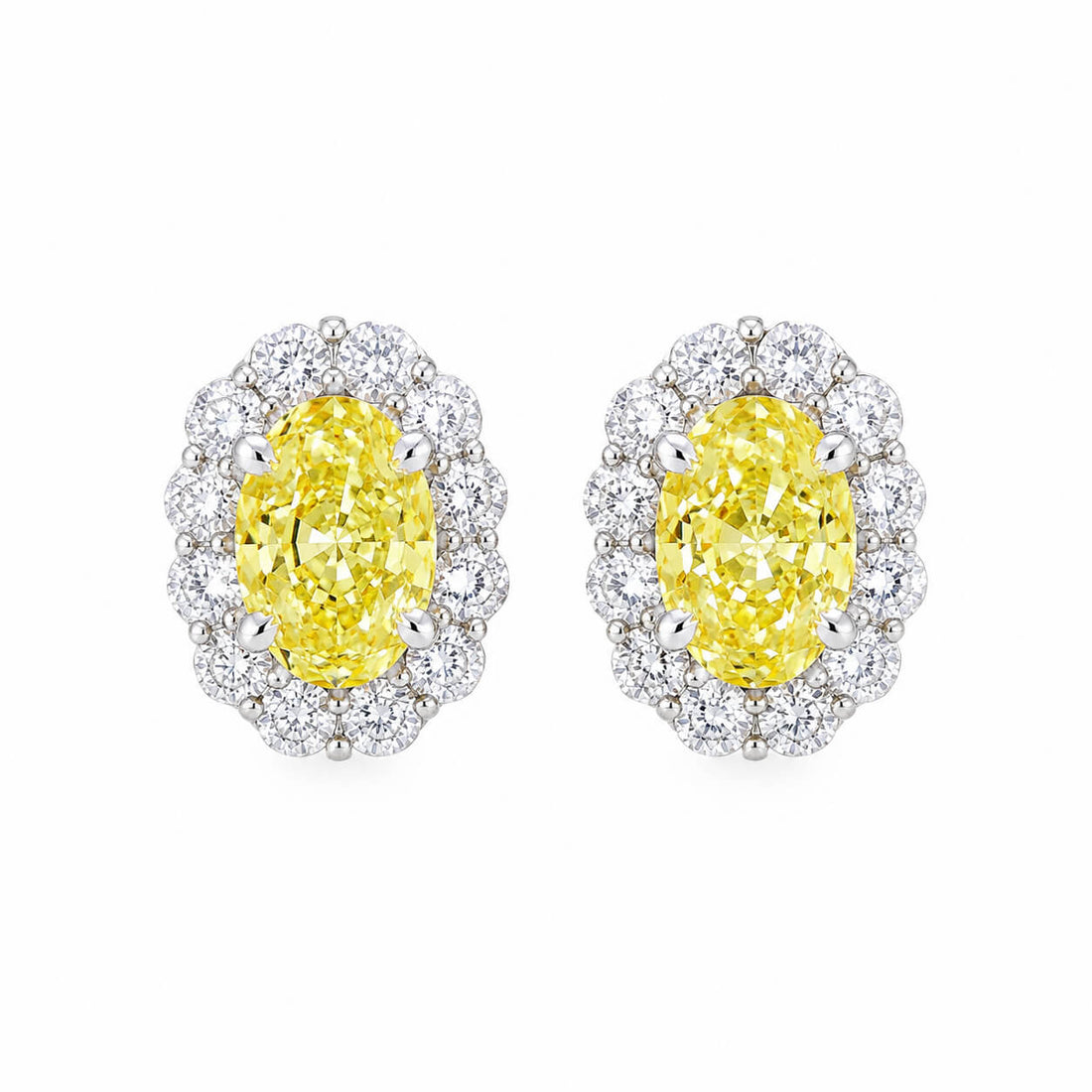 Halo setting oval cut lab grown yellow diamond earrings stud
