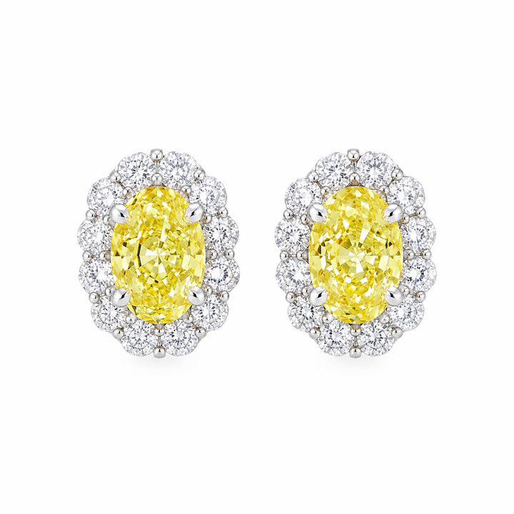 Halo setting oval cut lab grown yellow diamond earrings stud