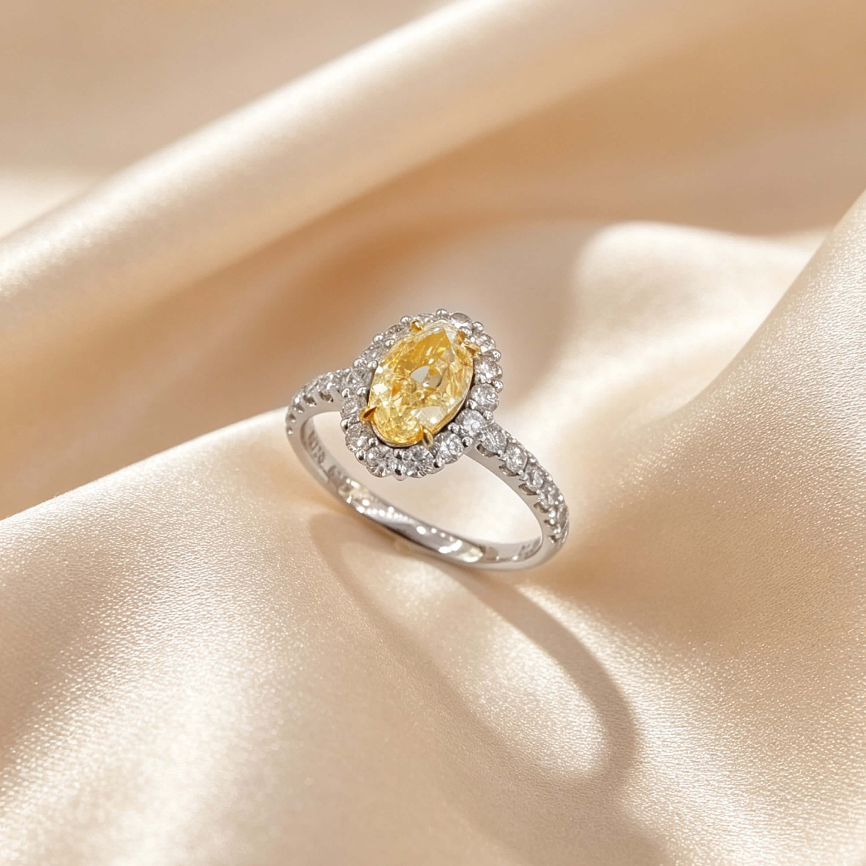 Halo setting oval cut lab grown yellow diamond engagement ring