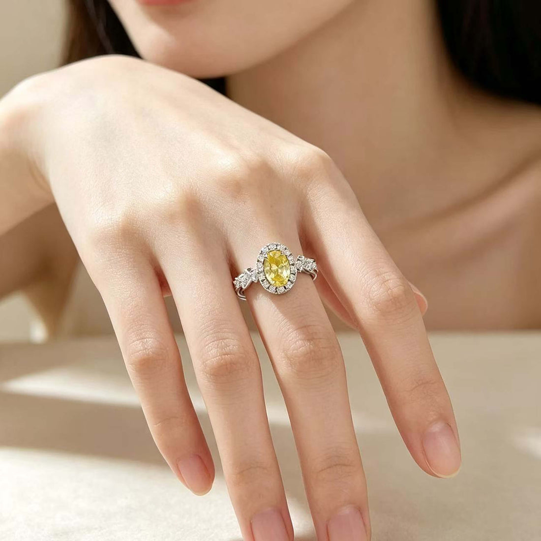 Halo setting oval cut lab grown yellow diamond engagement ring