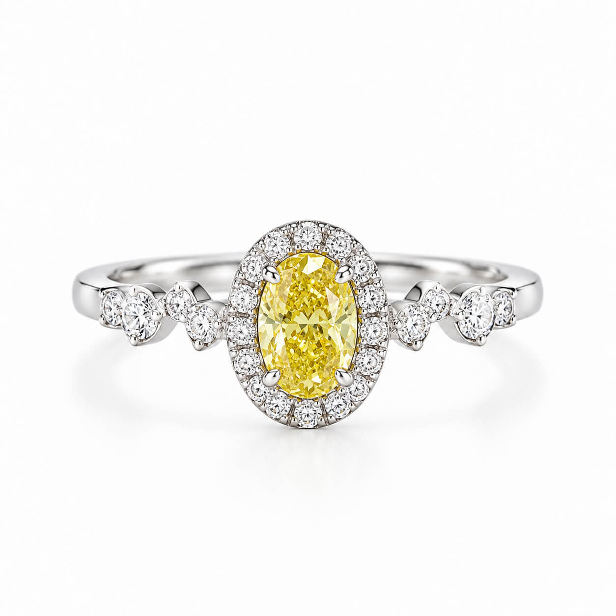 Halo setting oval cut lab grown yellow diamond engagement ring