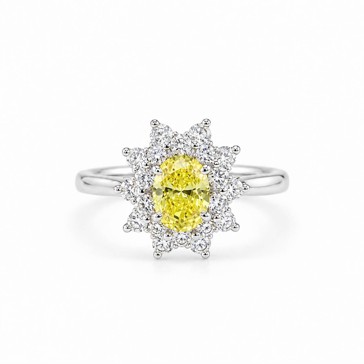Halo setting oval cut lab grown yellow diamond engagement ring