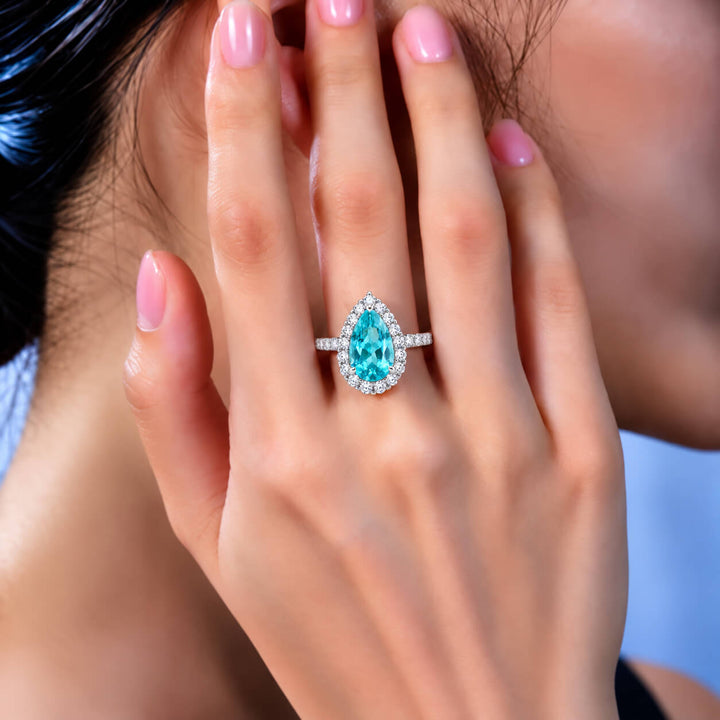 Halo setting pear cut  lab grown Paraiba engagement ring