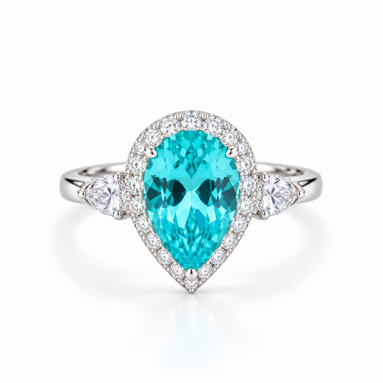 Halo setting pear cut  lab grown Paraiba engagement ring