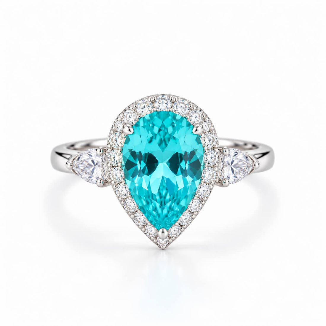 Halo setting pear cut  lab grown Paraiba engagement ring