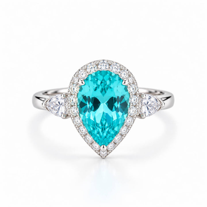 Halo setting pear cut  lab grown Paraiba engagement ring