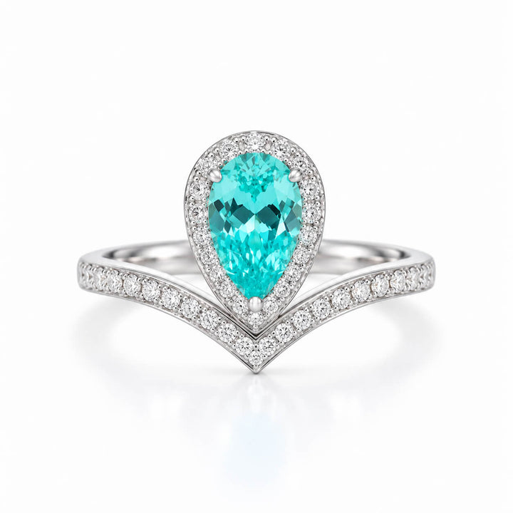 Halo setting pear cut  lab grown Paraiba engagement ring