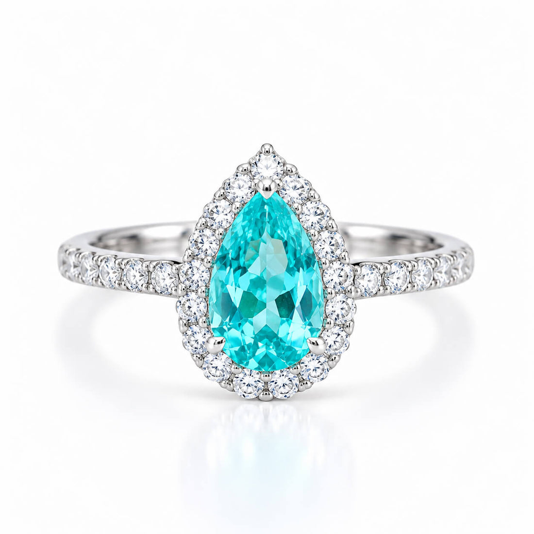 Halo setting pear cut  lab grown Paraiba engagement ring