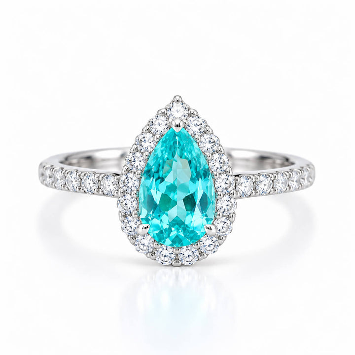 Halo setting pear cut  lab grown Paraiba engagement ring