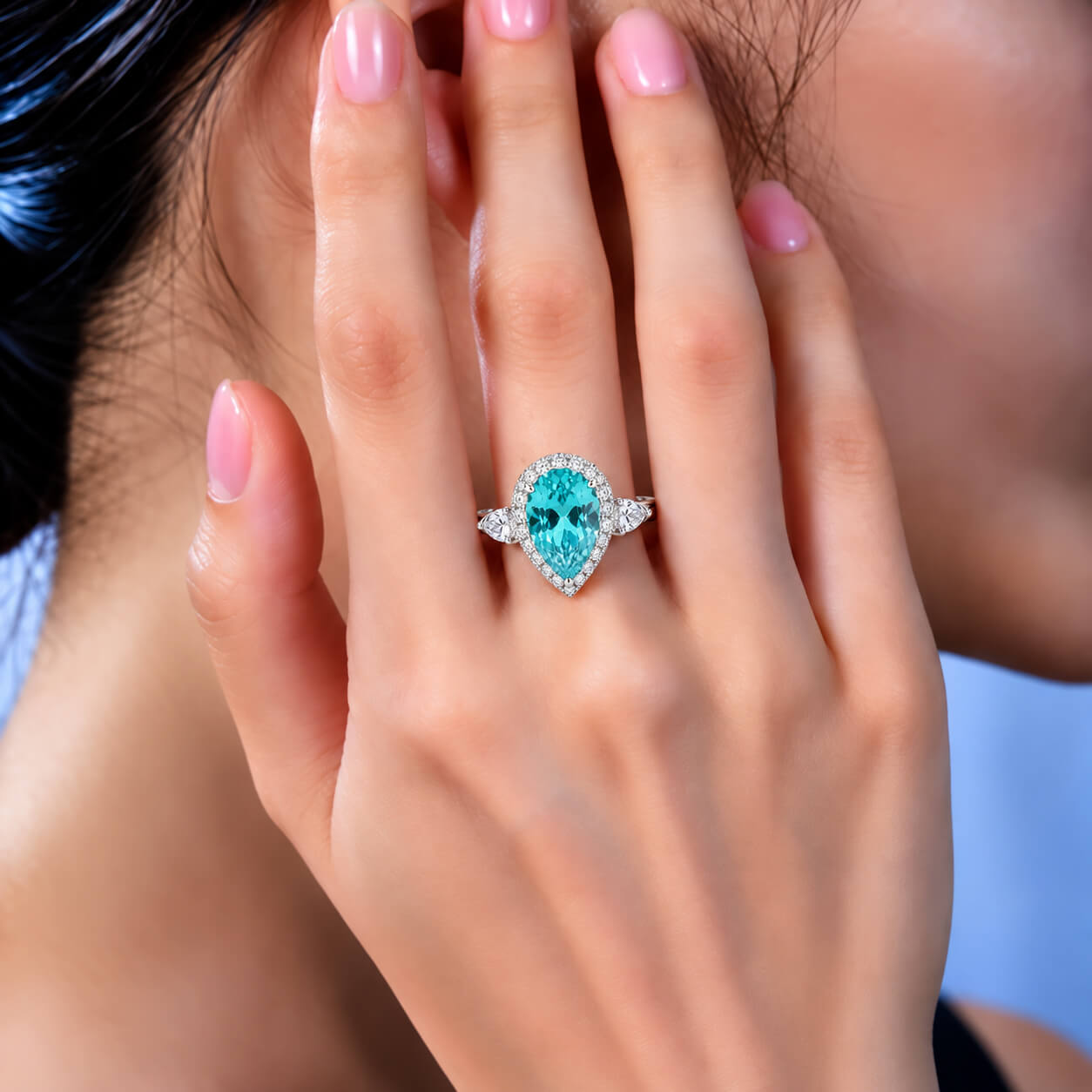 Halo setting pear cut  lab grown Paraiba engagement ring
