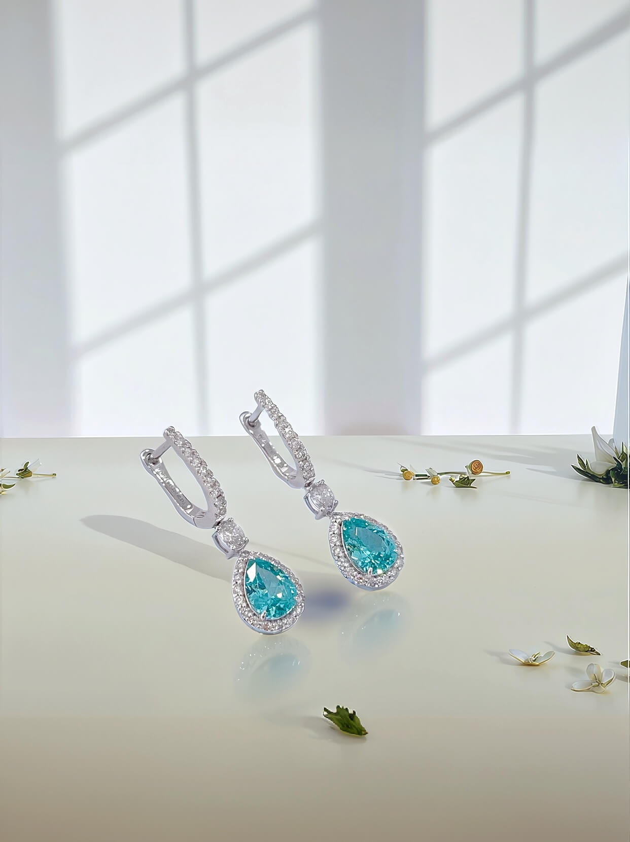Halo setting pear cut lab grown Paraiba hoop earrings