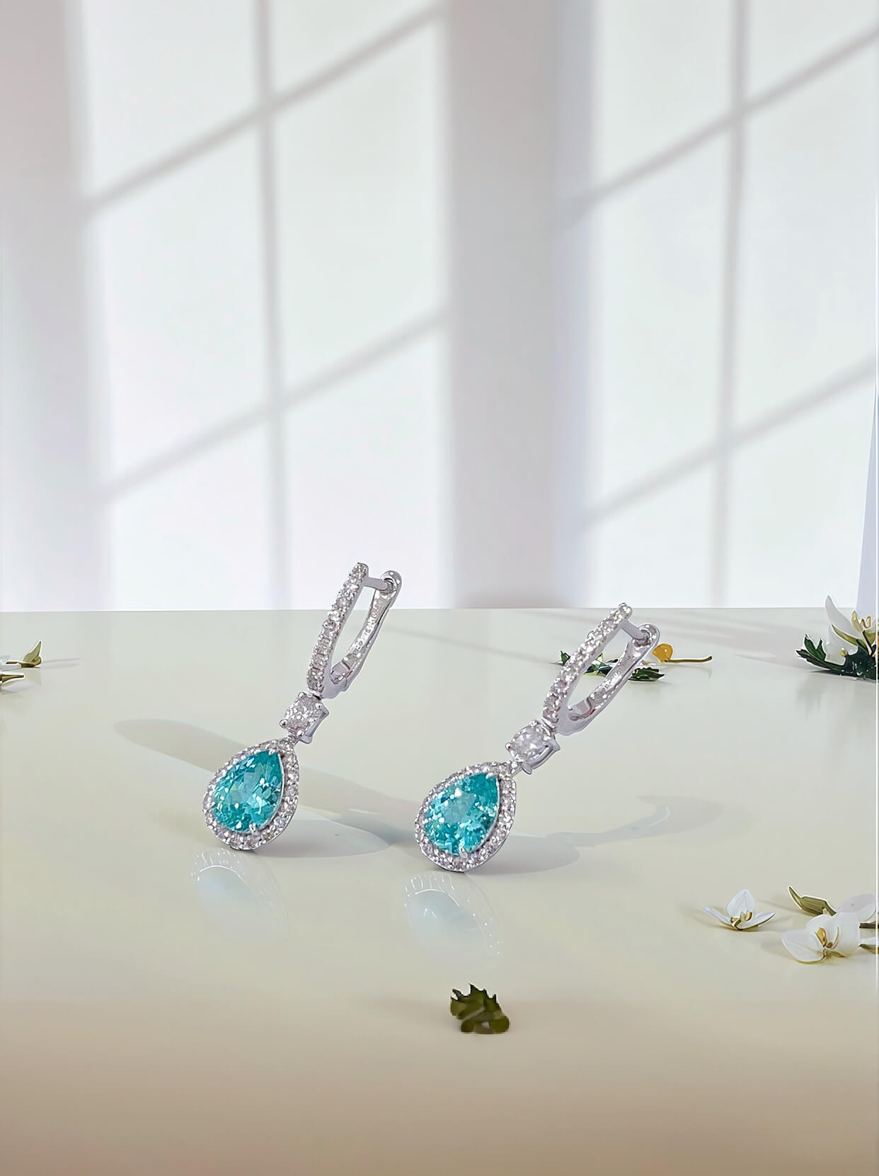 Halo setting pear cut lab grown Paraiba hoop earrings