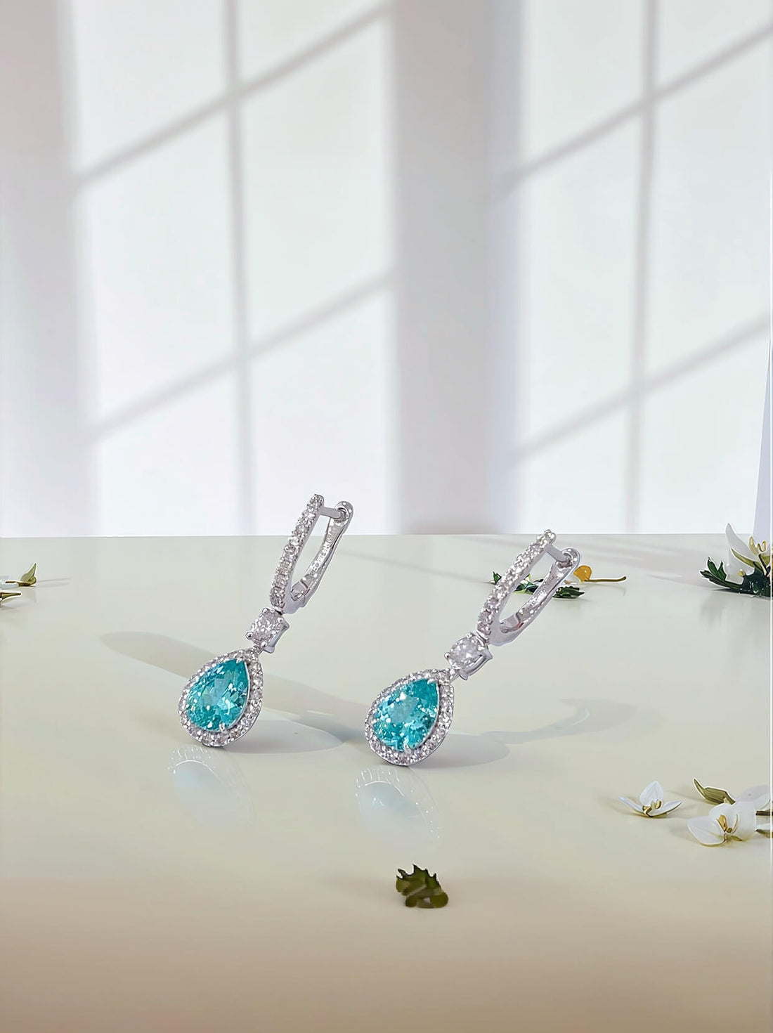 Halo setting pear cut lab grown Paraiba hoop earrings