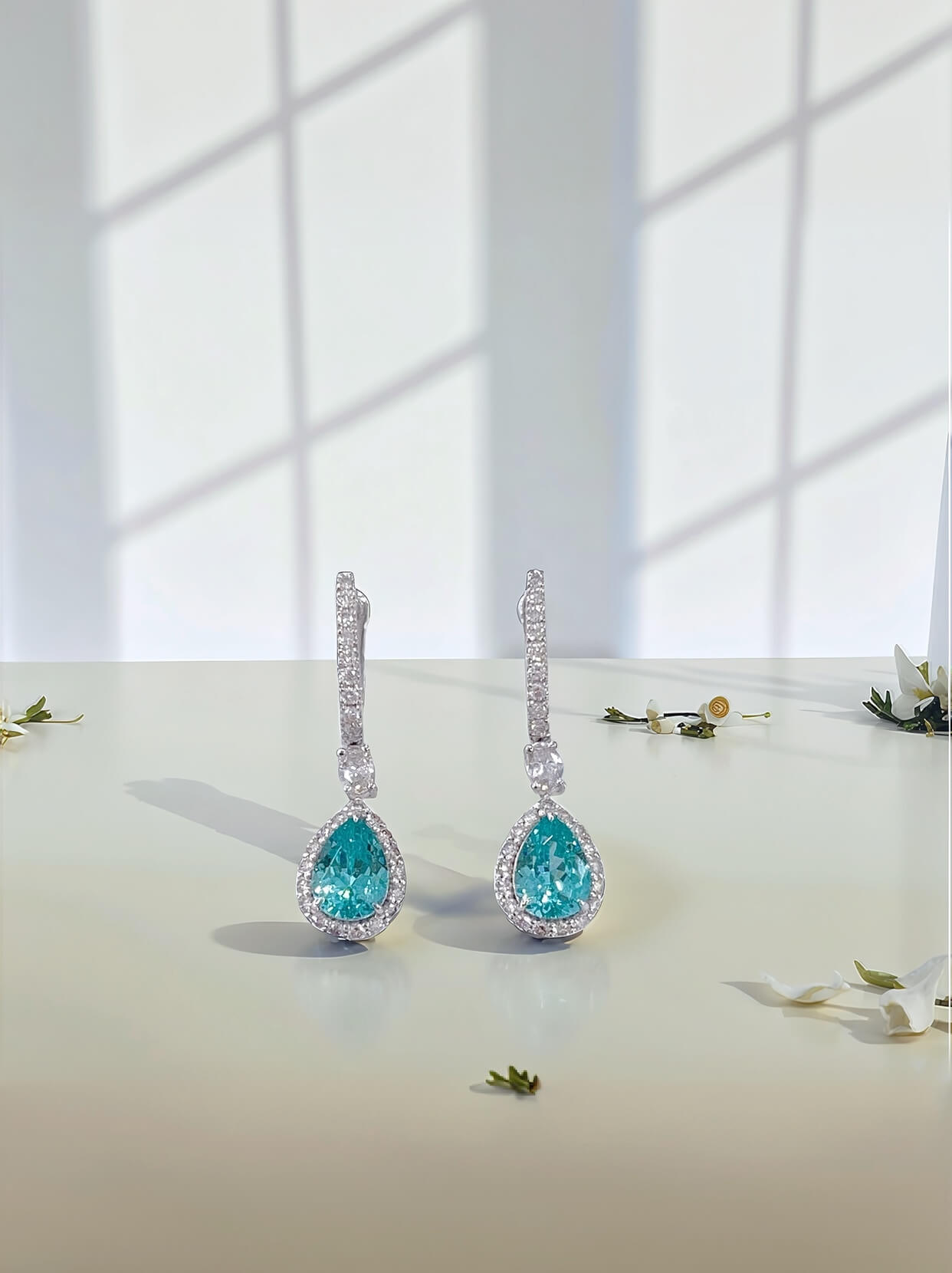 Halo setting pear cut lab grown Paraiba hoop earrings