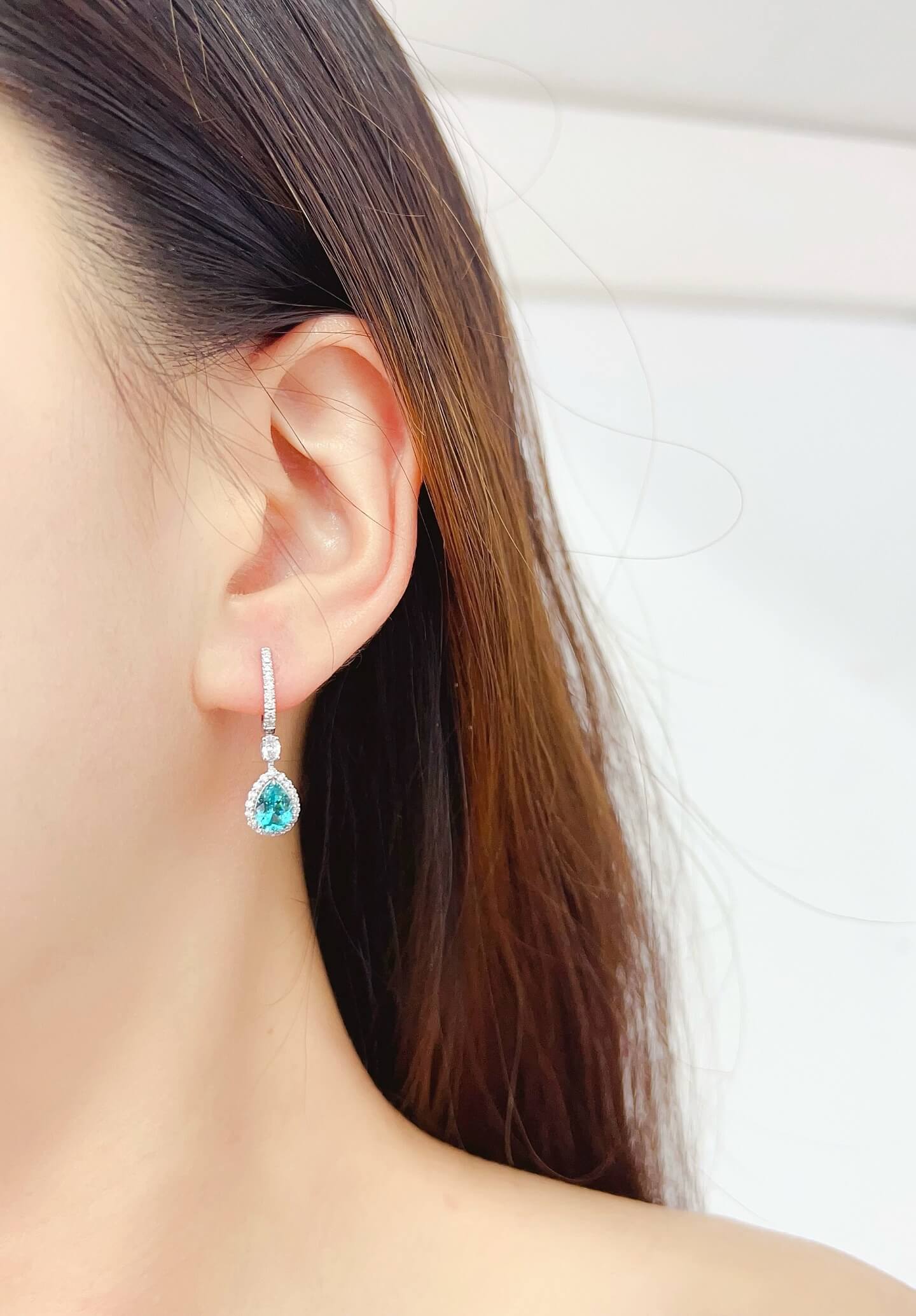 Halo setting pear cut lab grown Paraiba hoop earrings