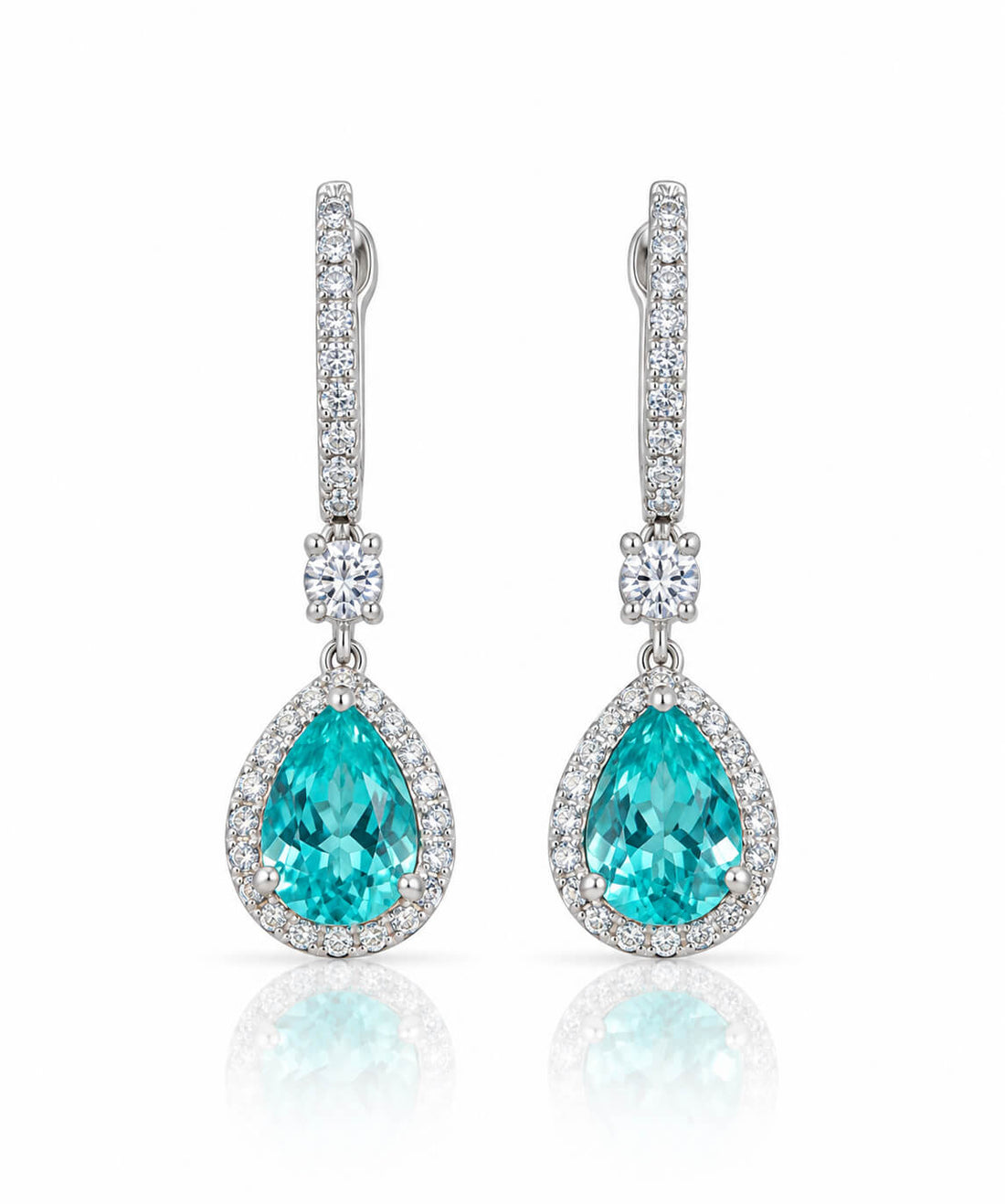 Halo setting pear cut lab grown Paraiba hoop earrings