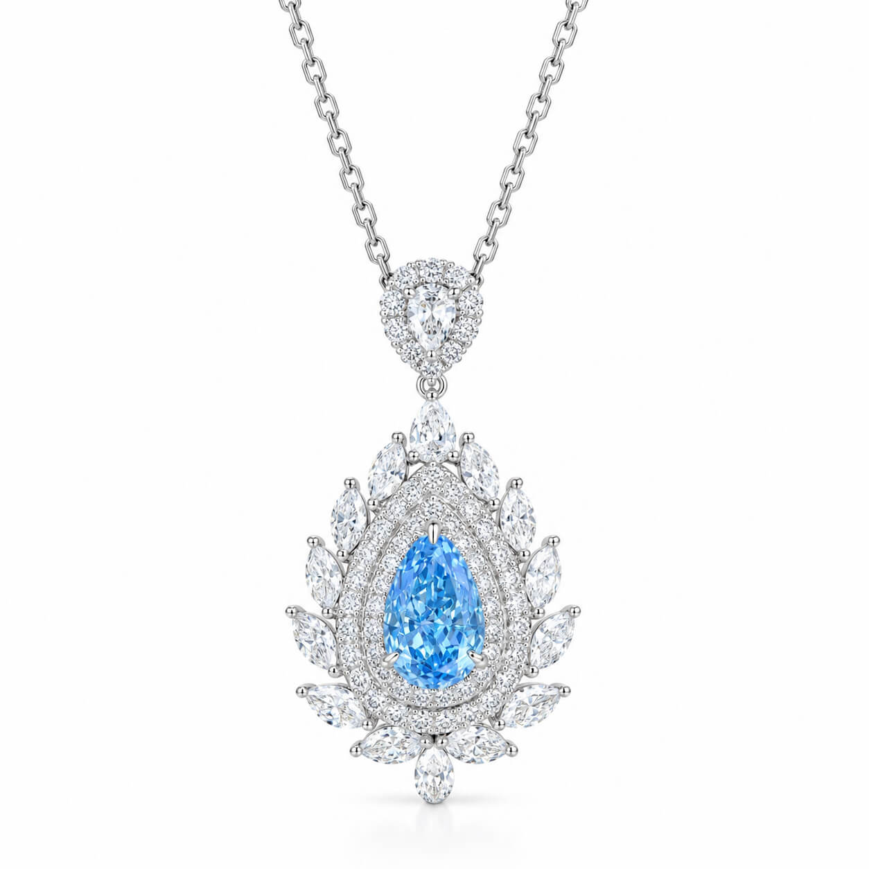 Halo setting pear cut lab grown blue diamond necklace