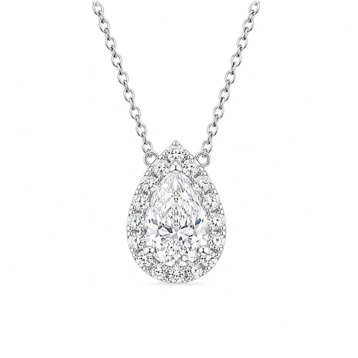 Halo setting pear cut lab grown diamond pendant necklace