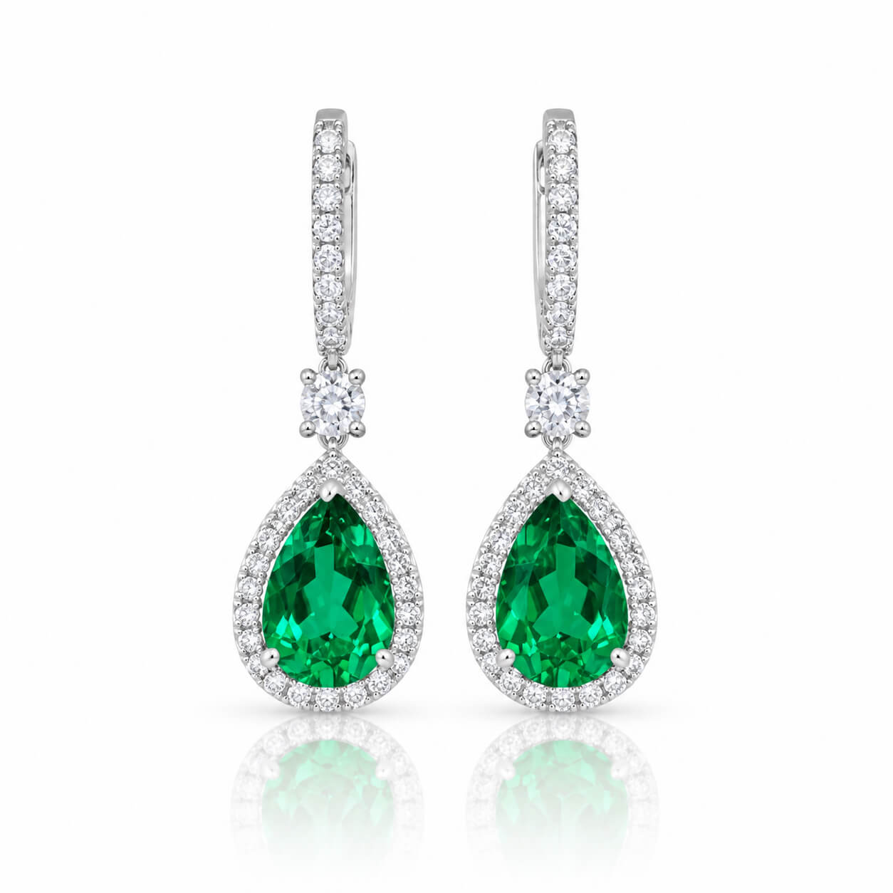 Halo setting pear cut lab grown emerald hoop earrings