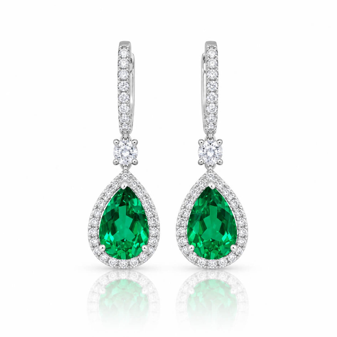 Halo setting pear cut lab grown emerald hoop earrings