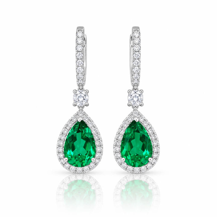 Halo setting pear cut lab grown emerald hoop earrings