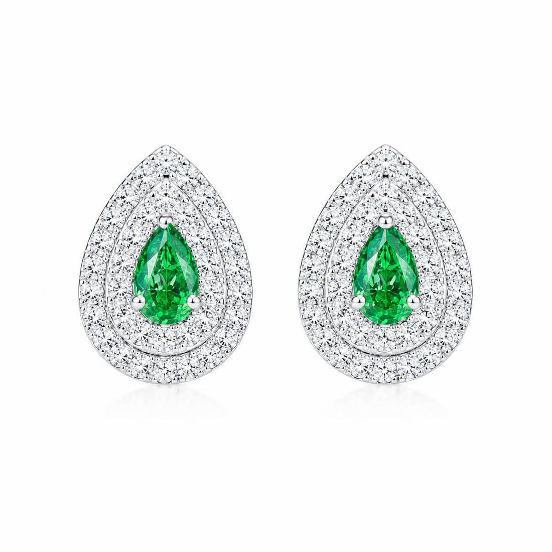 Halo setting pear cut lab grown green diamond earrings stud