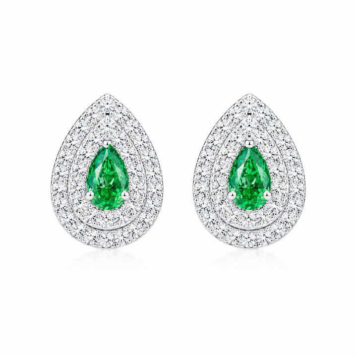 Halo setting pear cut lab grown green diamond earrings stud