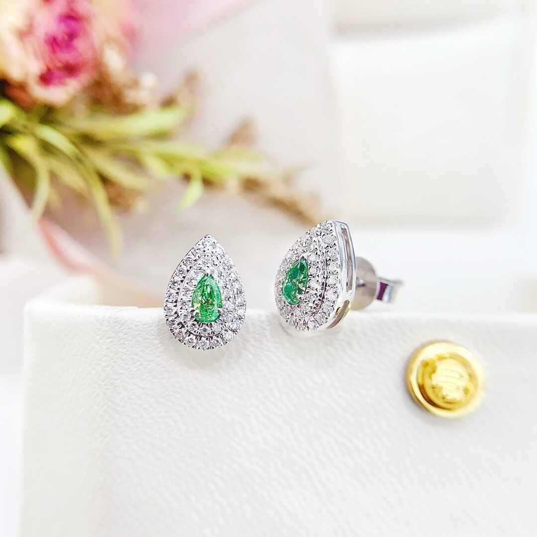 Halo setting pear cut lab grown green diamond earrings stud