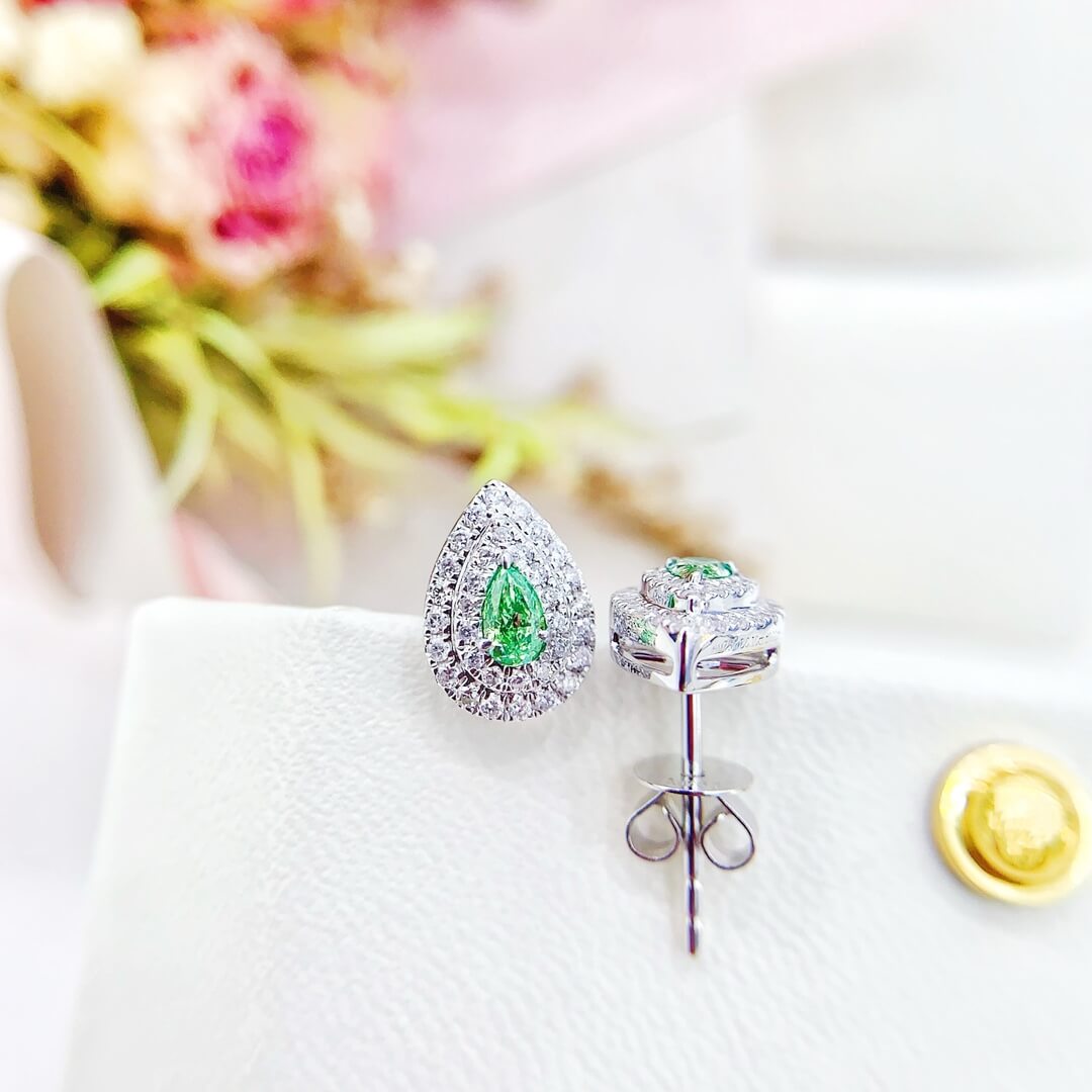 Halo setting pear cut lab grown green diamond earrings stud