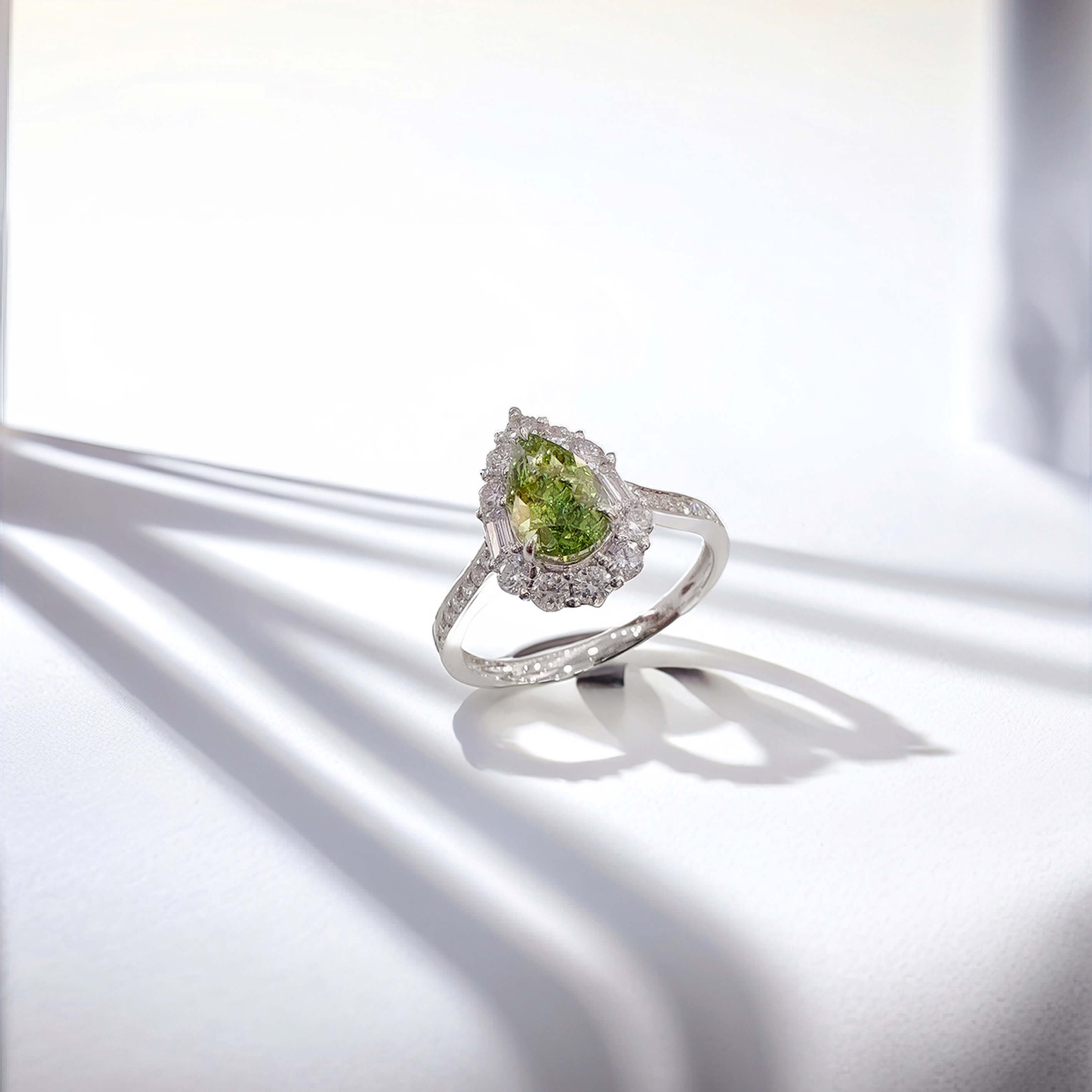 Halo setting pear cut lab grown green diamond engagement ring