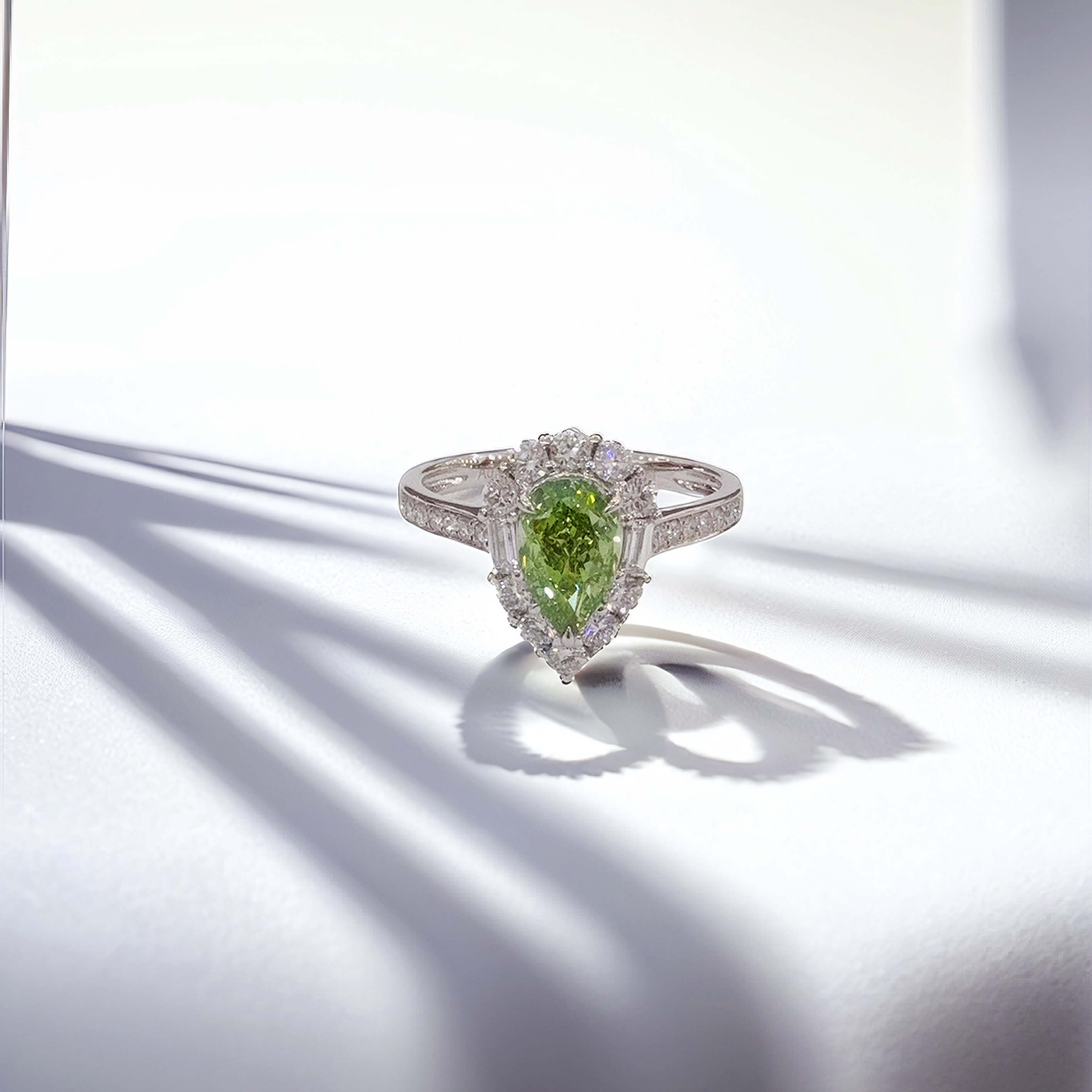 Halo setting pear cut lab grown green diamond engagement ring