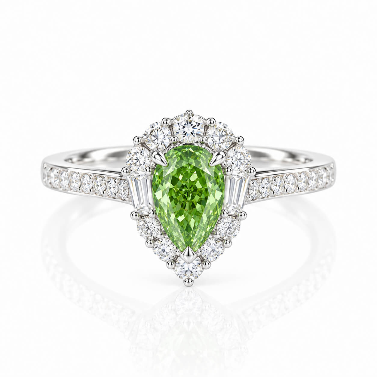 Halo setting pear cut lab grown green diamond engagement ring